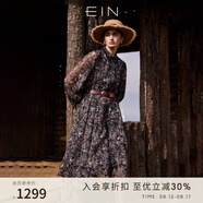 EIN言浪漫碎花印花蕾絲翻領(lǐng)長燈籠袖文藝雪紡連衣裙2025夏季新款 石墨黑 M