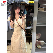 皮爾卡丹學(xué)院風(fēng)甜美碎花收腰連衣裙女夏溫柔氣質(zhì)初戀公主裙修身長(cháng)裙小個(gè)子 米色 S