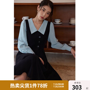 獨(dú)束大碼女裝假兩件撞色襯衫領(lǐng)連衣裙女秋冬微胖mm文藝復(fù)古穿搭裙子 墨染黑【適合165左右】 L