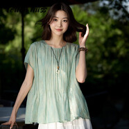 塔馳密司 TOUCH MISS琉璃夢(mèng)清透紗羅提花重工塔克褶亞麻圓領(lǐng)飛袖上衣女 清涼糖（黃綠色） M