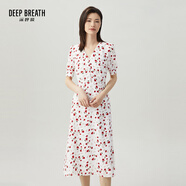 深呼吸DEEP BREATH女裝V領(lǐng)中長(zhǎng)高腰泡泡袖收腰碎花連衣裙A500197 白-花 M (3碼)