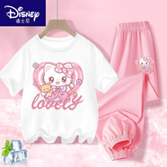 迪士尼（Disney）BINPAW女童夏季玉桂狗套裝2025新款大童純棉短袖t恤兒 A985白+A985粉褲 110 (建議身高95-105cm)