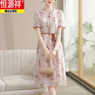恒源祥中年媽媽夏裝連衣裙2025新款中老年女裝國風雪紡裙夏季短袖長裙子 391桔紅色 XL