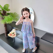 女童套裝夏季薄款吊帶兩件套2025新款兒童洋氣闊腿褲女孩夏天套裝 藍色 130