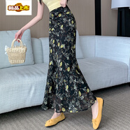 初徑復古氣質(zhì)印花半身裙女夏新款高腰顯瘦修身魚(yú)尾裙子碎花雪紡包臀裙 黃色版 M