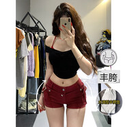 李李服飾設(shè)計(jì)感工裝豐胯牛仔短褲女2024冬季性感低腰緊身顯瘦熱褲 酒紅色 XS 70-89斤