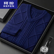 珂紛（KEFEN）手工編織粗線毛衣男款秋冬款v領(lǐng)加厚針織毛衣寬松200斤大碼麻花衫 藍(lán)色 重榜 厚款 L  建議130-145