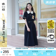 兩三事梵高文藝 梵花遺夢(mèng) 2025夏季新款印花布拼接撞色翻領(lǐng)連衣裙 黑色  M