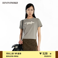 IIIVIVINIKO2024秋季新款“40S精紡棉”短款刺繡印花短袖T恤女 淺灰 M
