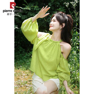 皮爾卡丹（PIERRE CARDIN）夏季活力多巴胺色系掛脖挖肩少女感系帶上衣女洋氣純色露肩短小衫 油畫綠 S