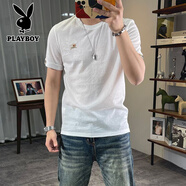 花花公子（PLAYBOY）體恤2025夏季新款冰絲麻短袖T恤男印花青年修身輕薄亞麻 白色 M 90-115斤