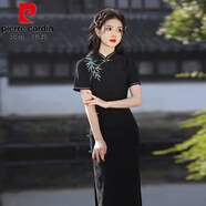 皮爾卡丹黑色刺繡旗袍2025春夏新款女復古民國風(fēng)日?？纱┬轮惺阶咝氵B衣裙 黑繡竹 S