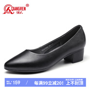 強人女鞋4CM中跟工作單鞋尖頭通勤皮鞋淺口高跟鞋 JDLA170002 黑色 36