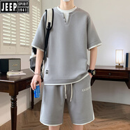 吉普（JEEP）冰絲短袖T恤短褲套裝男士假兩件休閑運(yùn)動(dòng)夏季男裝一整套穿搭衣服  8012灰色  M 80-110斤
