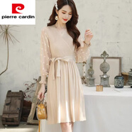 皮爾卡丹（pierre cardin）連衣裙女秋冬新品韓版V領(lǐng)雪紡長(zhǎng)袖針織拼接系帶顯瘦中長(zhǎng)款a字裙子 卡其色 S 建議95以下