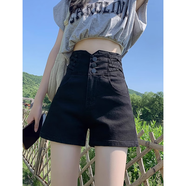 衣然呈品彈力時(shí)尚高腰顯瘦牛仔短褲女夏季薄款外穿排扣闊腿百搭a字熱褲女 黑色 2XL 【建議140-150斤】