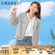 lagogo圓領(lǐng)小香風(fēng)拼接格紋短外套女拉谷谷春季新款木耳邊設(shè)計(jì)上衣 混色（Y0） S 155/36