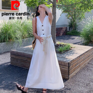 皮爾卡丹（pierre cardin）氣質(zhì)御姐風(fēng)無(wú)袖外搭背心洋裝女夏季韓系波西米亞風(fēng)腰帶chic襯衫長(cháng) 白色 S 【建議85-100斤高品質(zhì)】