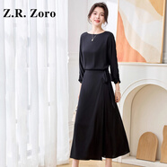 Z.R.Zoro奢侈品真絲連衣裙女2025秋季新款時(shí)尚氣質(zhì)裙中長款系帶一片式圍裙 黑色 M