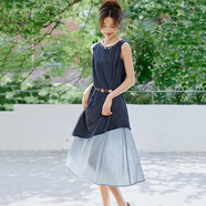 Ehangy輕奢品牌連衣裙女2025夏季新款休閑時(shí)尚不規則拼接波西米亞風(fēng)裙子 深藍色 S