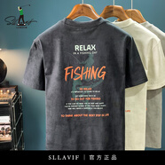 薩拉維夫（Sllavif）美式寬松短袖T恤男重磅潮流印花夏季上衣體恤休閑落肩半袖男衣服 黑灰色 XL 適合140-160斤穿