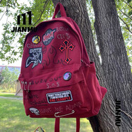 簡(jiǎn)慕酒紅色十字架朋克Y2K學(xué)生大容量美式書(shū)包雙肩包休閑包 紅色+徽章