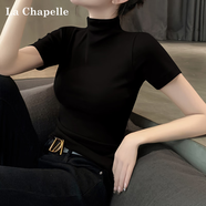 拉夏貝爾半高領(lǐng)短袖T恤女春秋薄款修身內搭上衣氣質(zhì)半袖打底衫 黑色 XL