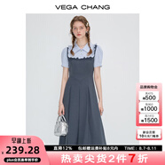 VEGA CHANG法式連衣裙女2025夏季新款假兩件顯瘦學(xué)院風(fēng)短袖長(zhǎng)裙 隕石灰（花邊領(lǐng)） S