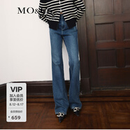 MO&Co.中高腰藍(lán)色復(fù)古微喇牛仔褲女做舊洗水美式牛仔闊腿褲長褲 牛仔藍(lán)色-第2批 L 28