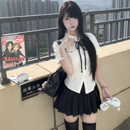 川島私立學(xué)院jk原創(chuàng  )jk制服學(xué)院風(fēng)小島刺繡收腰短袖襯衫日系校供 20-130斤 套裝 小島襯衫+黑色百褶裙+黑領(lǐng)繩 均碼