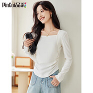 品彩（PinCai）長(cháng)袖T恤女方領(lǐng)修身百搭打底衫不規則設計感顯瘦上衣 P138T2507