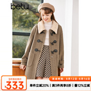 betu百圖女裝冬季新款毛呢外套牛角扣翻領(lǐng)中長款毛呢大衣女2210T91 摩卡色 M