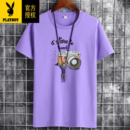 花花公子（PLAYBOY）夏季新款短袖T恤男士寬松半袖純棉體恤衫圓領(lǐng)印花潮流百搭順滑 紫色 相機(jī) 6XL 建議(205-220斤)