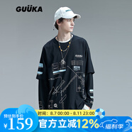 古由卡（GUUKA）潮牌長袖t恤男士寬松型外穿打底衫假兩件休閑高街青年汪蘇瀧同款 黑色 S