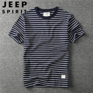 JEEP SPIRIT美式復古情侶?；晟荔w恤純棉男t短袖撞色打底衫黃色藍白條紋t恤男 深藍白 2133 S 建議110斤-125斤