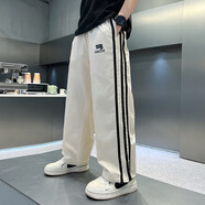 淘尼鼠兒童裝男童闊腿褲子夏季薄款2025新款夏款防蚊褲中大童三杠運動(dòng)褲 米白色 150