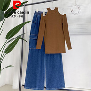 皮爾卡丹（pierre cardin）胖mm大碼工裝牛仔長(cháng)褲女直筒闊腿寬松高腰拖地顯瘦學(xué)生加肥200斤 【兩件套：1520藍+882-咖啡色】 M 【 建議100斤以下】