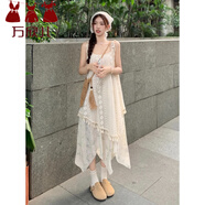 萬(wàn)欣兒海邊度假風(fēng)假兩件吊帶連衣裙女夏氣質(zhì)超仙印花流蘇不規則沙灘長(cháng)裙 米色假兩件 均碼 建議70-125斤