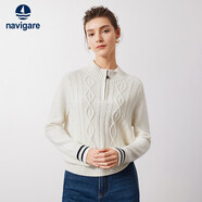 Navigare意大利小帆船女士全羊毛通勤毛衣半開領(lǐng)針織衫2334044501 白 S 