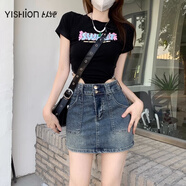 以純 YISHION商場(chǎng)同款夏季新款辣妹復古牛仔短裙女高腰修身顯瘦百搭包臀半身裙 藍色 M