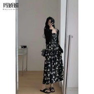 瑪嬌媚（Majiaomei）吊帶連衣裙套裝女2025年夏季新款女裝碎花小個(gè)子開衫辣妹性感裙子 1898黑色開衫+吊帶裙 XL