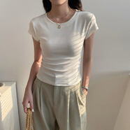 花花公子（PLAYBOY）白色圓領(lǐng)短款短袖t恤女夏季 2025新款設(shè)計(jì)感小眾正肩高腰收腰上衣 白色 【腰部褶皺款】 S 【85斤以下】