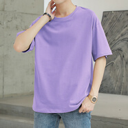 往楓短袖T恤衫男夏季衣服青少年男裝體恤潮流韓版寬松純黑色五分半袖t 淺紫T39寬松純色 淺紫T39寬松純 S 160CM/100斤