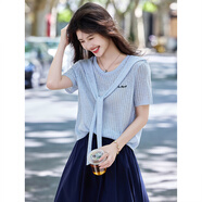 蘇醒的樂(lè )園夏季直筒設計感綁帶上衣披肩假倆件薄款圓領(lǐng)短袖T恤針織衫女 藍色 S