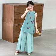 乖妮貓女童夏裝國風(fēng)套裝2025新款兒童裝洋氣旗袍女大童夏季新中式兩件套 藍色 130 碼
