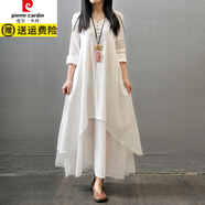 皮爾卡丹（pierre cardin）2025棉麻長袖連衣裙女新款文藝民族風(fēng)白色裙子禪意長裙亞麻連身裙 白色 S