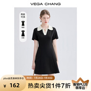 VEGA CHANG高級感連衣裙女夏季小個子撞色POLO領英倫風收腰顯瘦通勤小黑裙子 赫本黑 L