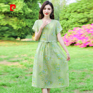 皮爾卡丹（pierre cardin）小碎花寬松顯瘦連衣裙女2025夏裝新款抽繩收腰透氣長(zhǎng)裙 401-4號(hào) L 5x 155-170