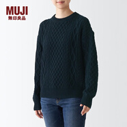 無印良品 MUJI 女式 美利奴羊毛纜繩花紋圓領毛衣 BAH05A2A 長袖針織衫 藏青色 M