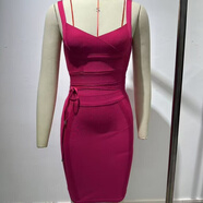 UKUHPK2025夏季歐美性感時(shí)尚深V吊帶彈力拉伸修身包臀繃帶連衣裙 玫紅色 L